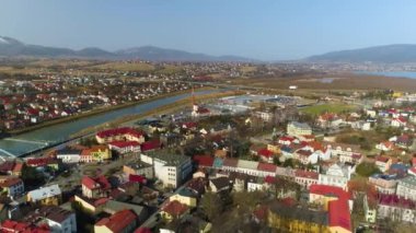 Panorama Of The Bridge Over Sola In Zywiec. Polish Aerial View. High quality 4k footage
