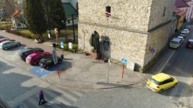 Monument Of John Paul Under The Bell Tower In Zywiec. Polish Aerial View. High quality 4k footage
