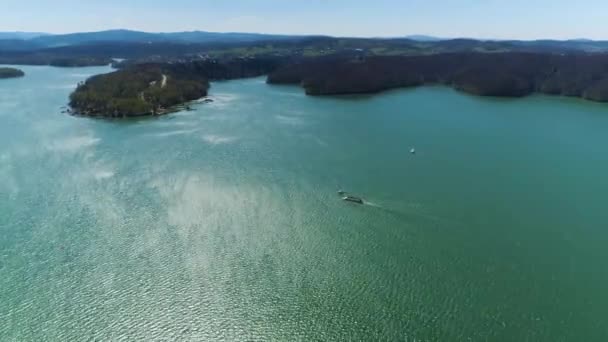Timelapse Boat Solina Lake Bieszczady Aerial View Poland High Quality — Stockvideo