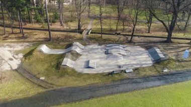 Skatepark In The Castle Park In Zywiec. Polish Aerial View. High quality 4k footage