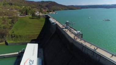 Water Dam On Solina Lake Bieszczady Mountains Aerial View Poland. High quality 4k footage