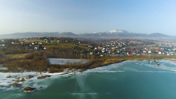 Frozen Lake Panorama Zywiec Aerial View High Quality Footage — Stockvideo