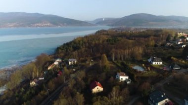 Beautiful Panorama Of Zywiec. Aerial View Of The Lake And Mountains. High quality 4k footage