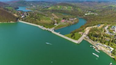Water Dam On Solina Lake Bieszczady Mountains Aerial View Poland. High quality 4k footage