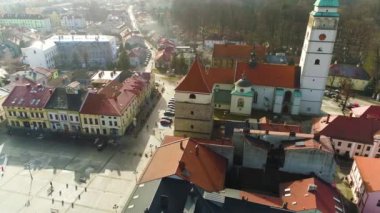 Cathedral Tower And Market Square In Zywiec Aerial View. High quality 4k footage