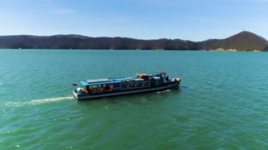 Boat At Solina Lake Bieszczady Aerial View Poland. High quality 4k footage