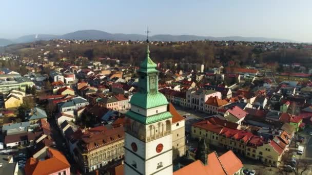 Beautiful Cathedral Tower Market Square Zywiec Aerial View High Quality — 图库视频影像