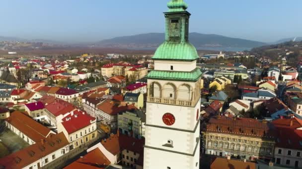 Gyönyörű Torony Zywiec Katedrális Aerial View Kiváló Minőségű Felvételek — Stock videók