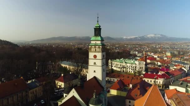 Bela Torre Zywiec Catedral Vista Aérea Imagens Alta Qualidade — Vídeo de Stock