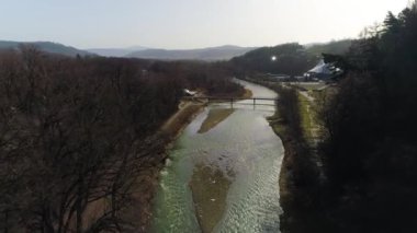 The Sola River And The Amphitheater In The Background In Zywiec. Polish Aerial View. High quality 4k footage