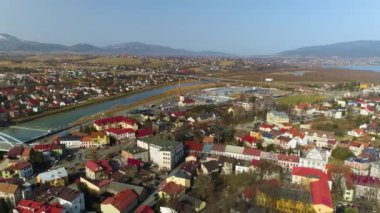 Panorama Of The Bridge Over Sola In Zywiec. Polish Aerial View. High quality 4k footage