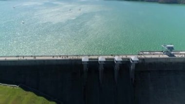 Water Dam On Solina Lake Bieszczady Mountains Aerial View Poland. High quality 4k footage