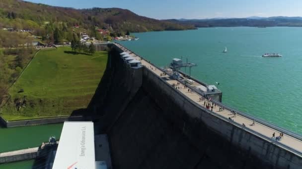 Water Dam Solina Lake Bieszczady Mountains Aerial View Poland High — Stok video