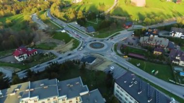 Roundabout In Polanczyk Bieszczady Aerial Poland. High quality 4k footage