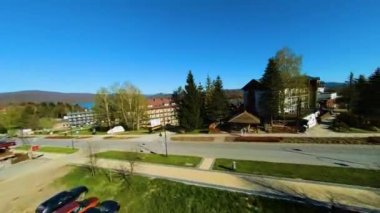 Fpv Roof Building Polanczyk Bieszczady Aerial Poland. High quality 4k footage