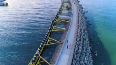 Breakwater Falochron Kolobrzeg Baltic Sea Aerial View Poland. High quality 4k footage