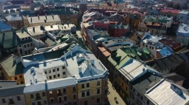 Road To The Market Square Of The Old Town Of Lublin Poland Aerial View. High quality 4k footage