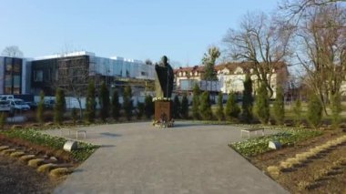 Statue Of Pope Jan Pawel Pulawy Aerial View Poland. High quality 4k footage