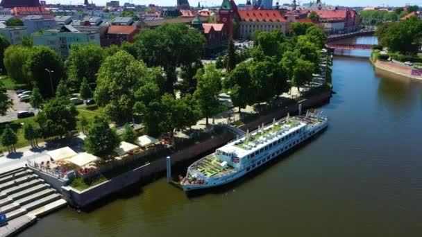 Boat Wratislavia Restaurant Boulevard Wroclaw Bulwar Aerial View Poland High — Vídeo de Stock