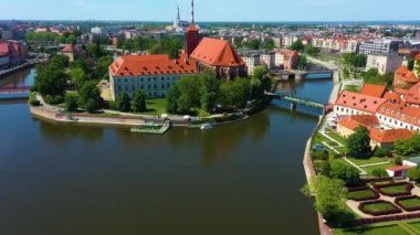 Sand Island Church Wroclaw Wyspa Piasek Aerial View Poland. High quality 4k footage