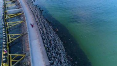Breakwater Falochron Kolobrzeg Baltic Sea Aerial View Poland. High quality 4k footage
