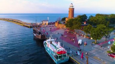 Latarnia Morska Port Kolobrzeg Lighthouse Aerial View Poland. High quality 4k footage