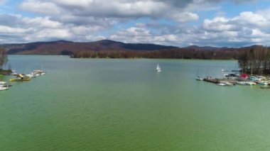 Yacht Solina Lake In Polanczyk Bieszczady Aerial Poland. High quality 4k footage