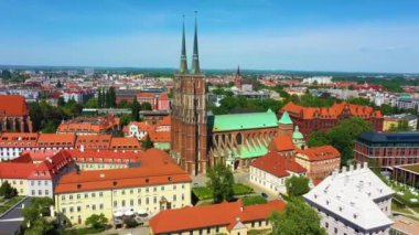 Cathedral Jan Chrzciciel Wroclaw Ostrow Tumski Aerial View Poland. High quality 4k footage