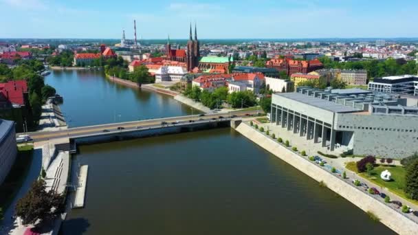 University Library Bridge Peace River Odra Wroclaw Aerial View Poland — Vídeo de Stock
