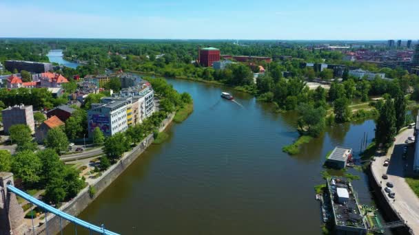 Ship River Odra Wroclaw Aerial View Poland High Quality Footage — Stockvideo