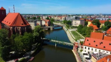 Wroclaw Tumski Bridge Most Aerial View Poland. High quality 4k footage