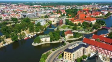 Beautiful Panorama Wroclaw Bridges Aerial View Poland. High quality 4k footage