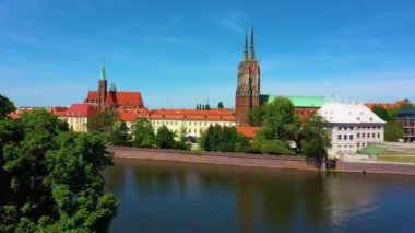 Cathedral Jan Chrzciciel Wroclaw Ostrow Tumski Aerial View Poland. High quality 4k footage