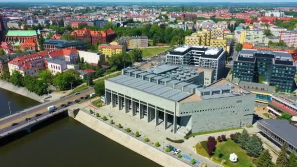 University Library Bridge Peace River Odra Wroclaw Aerial View Poland — Stok video