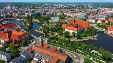 Panorama Of Wroclaw City Center Sand Island Aerial View Poland. High quality 4k footage