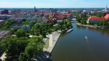 Panorama Odra Bulvarı Wroclaw Hava Manzaralı Polonya. Yüksek kalite 4k görüntü