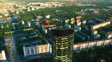 Sky Tower Skyscraper In Wroclaw Poland Aerial View. High quality 4k footage
