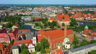 Panorama Of Wroclaw City Center Sand Island Aerial View Poland. High quality 4k footage