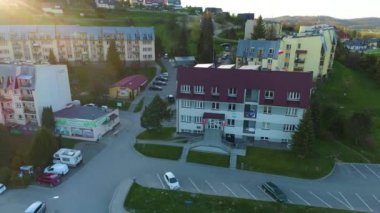 Sunset Viewpoint In Polanczyk Bieszczady Aerial Poland. High quality 4k footage