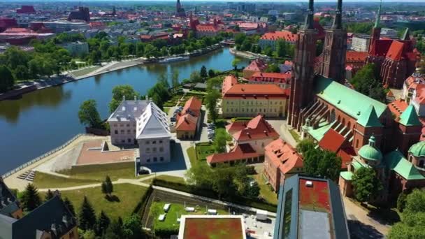 Kathedraal Jan Chrzciciel Wroclaw Ostrow Tumski Aerial View Polen Hoge — Stockvideo