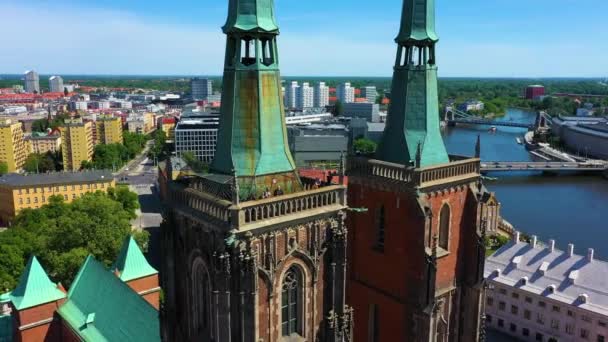 Tower Cathedral Jan Chrzciciel Wroclaw Ostrow Tumski Aerial View Πολωνία — Αρχείο Βίντεο