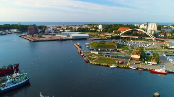 Yacht Port Kolobrzeg Harbor Bridge Aerial View Poland High Quality — Vídeo de stock