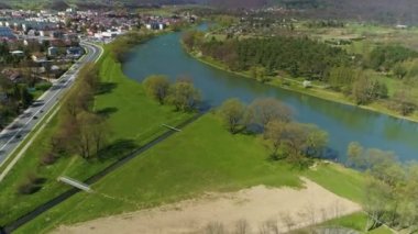 Beautiful Panorama Mountains River San Valley Sanok Aerial View Poland. High quality 4k footage
