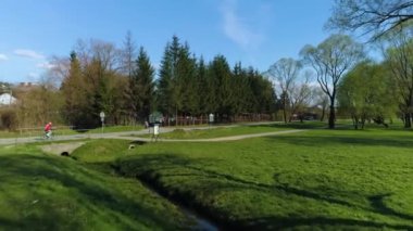 Park Behind River San Sanok Aerial View Poland. High quality 4k footage