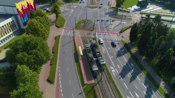 Trams Grota Roweckiego Court Elblag Sad Aerial View Poland High — Stockvideo