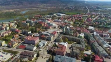 Panorama Of The Town Hall Hill Sanok Ratusz Aerial View Poland. High quality 4k footage