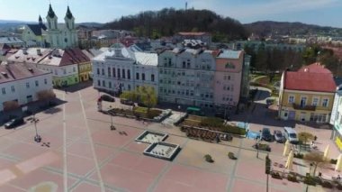 Centrum Market Sanok Rynek Ratusz Aerial View Poland. High quality 4k footage