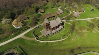 Skansen Wooden Sanok Church Aerial View Poland. High quality 4k footage