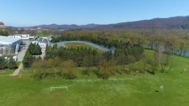 Recreation Center Arena Sanok Mosir Aerial View Poland. High quality 4k footage