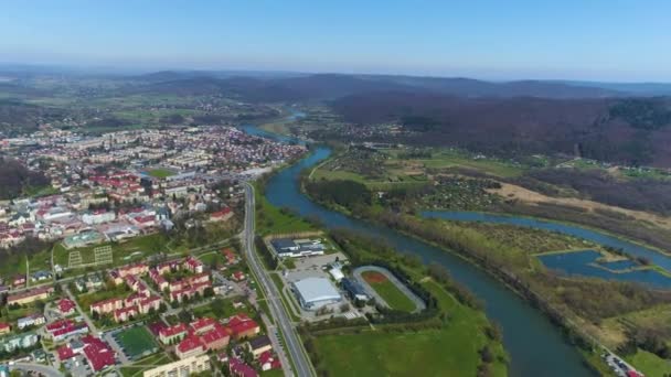 Güzel Panorama Dağları Nehir San Valley Sanok Hava Manzarası Polonya — Stok video